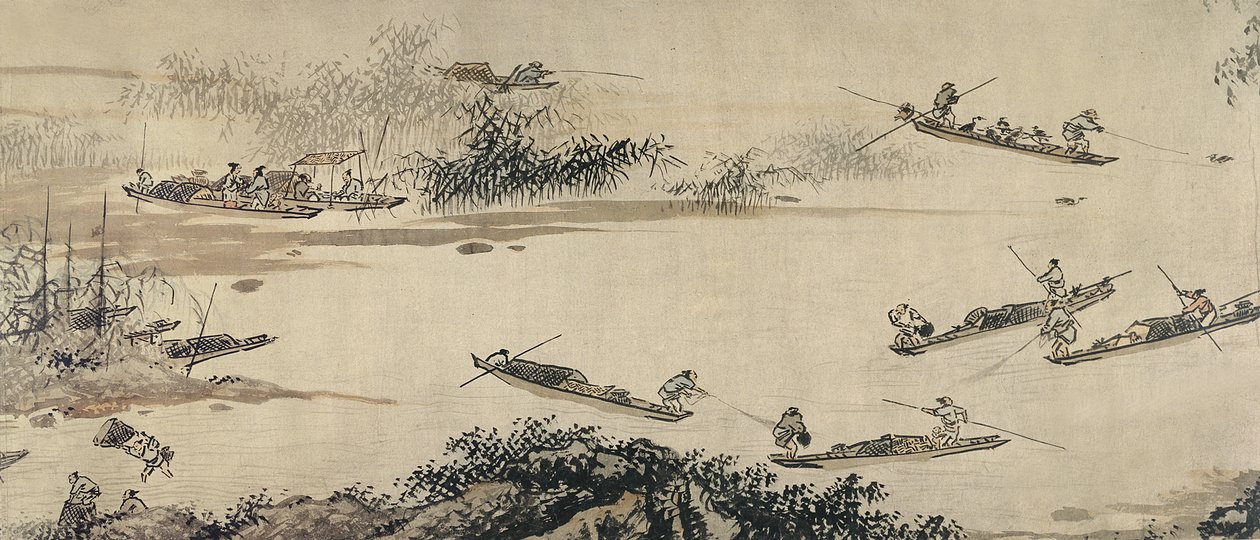 明朝の秋の川の漁師（紙にインクと色） 作： 大陣