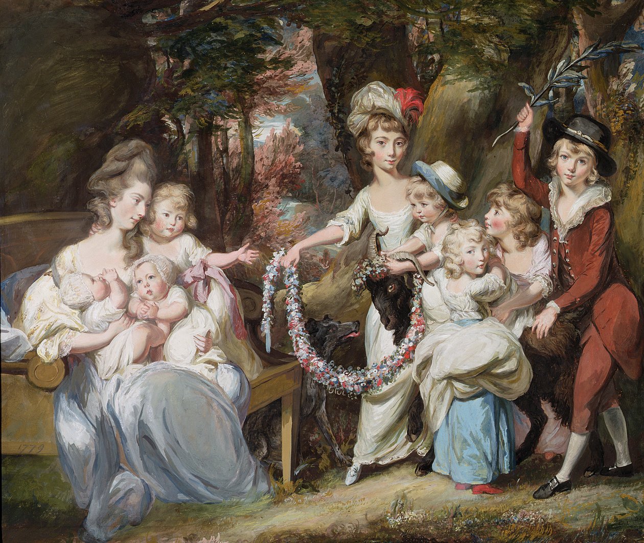 Justinian Casamajor夫人と彼女の子供たちの8人、1779年（リネンに敷いた紙にガッシュ、パステル、油） 作： ダニエル・ガードナー
