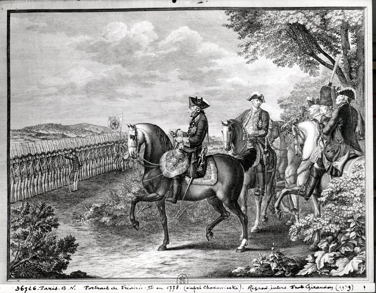 1778年に軍隊をレビューするプロイセンのフレデリック2世（1712-86） 作： ダニエル・ニコラウス・チョドヴィエツキ