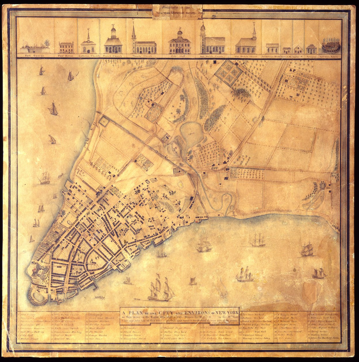 1742-1744年、1813年のペンとインクの黒と色、水彩、鉛筆、紙に鉛筆で描かれた、ニューヨーク市とニューヨーク周辺の計画。 作： デビッド・グリム