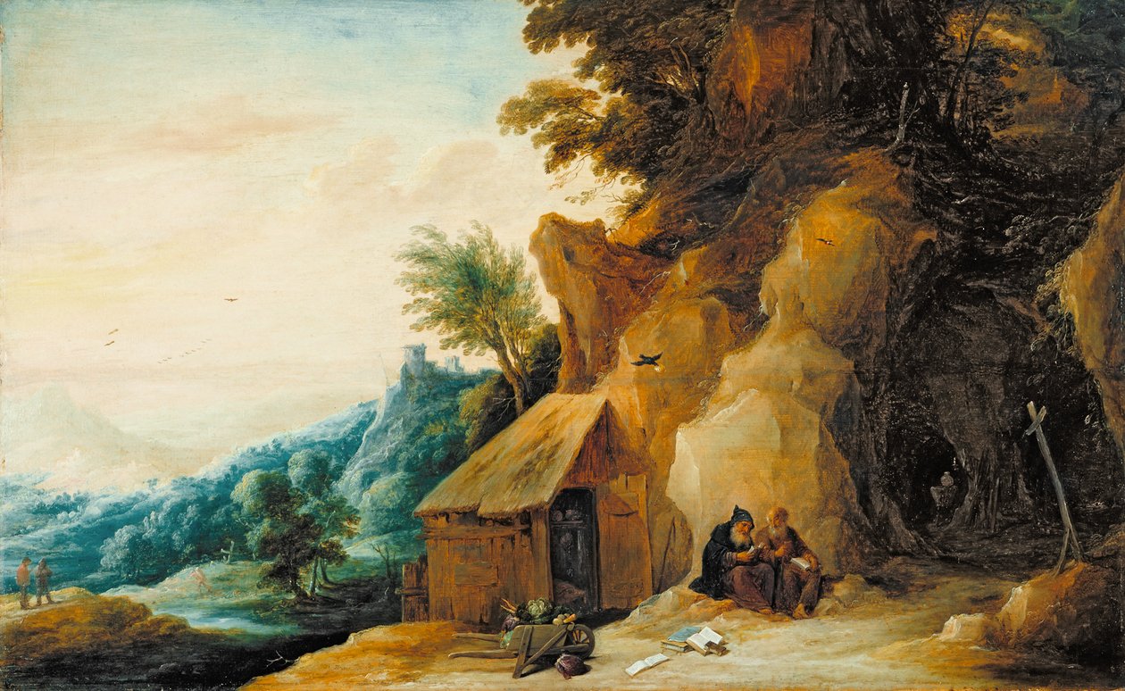 風景の中の聖人アンソニーとポール、1636-38年頃（パネルの油はメゾナイトに移された） 作： デビッドテニアーズザヤンガー