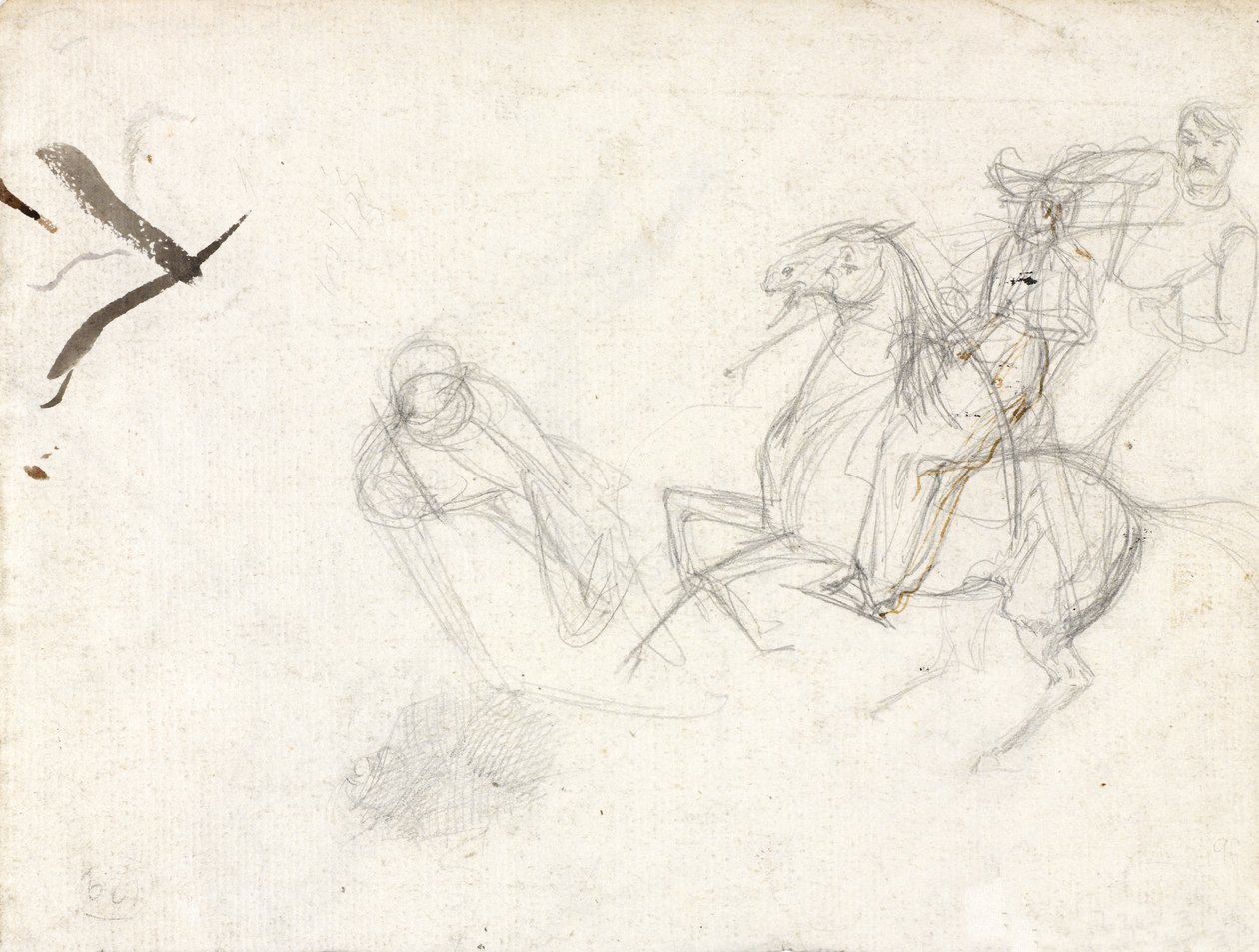 1815年のウォータールーの戦いでのフレンチイーグルの捕獲を示した絵のための、スコットグレイのエワート軍曹の姿に関する研究（紙と鉛筆） 作： デニス・ダイトン