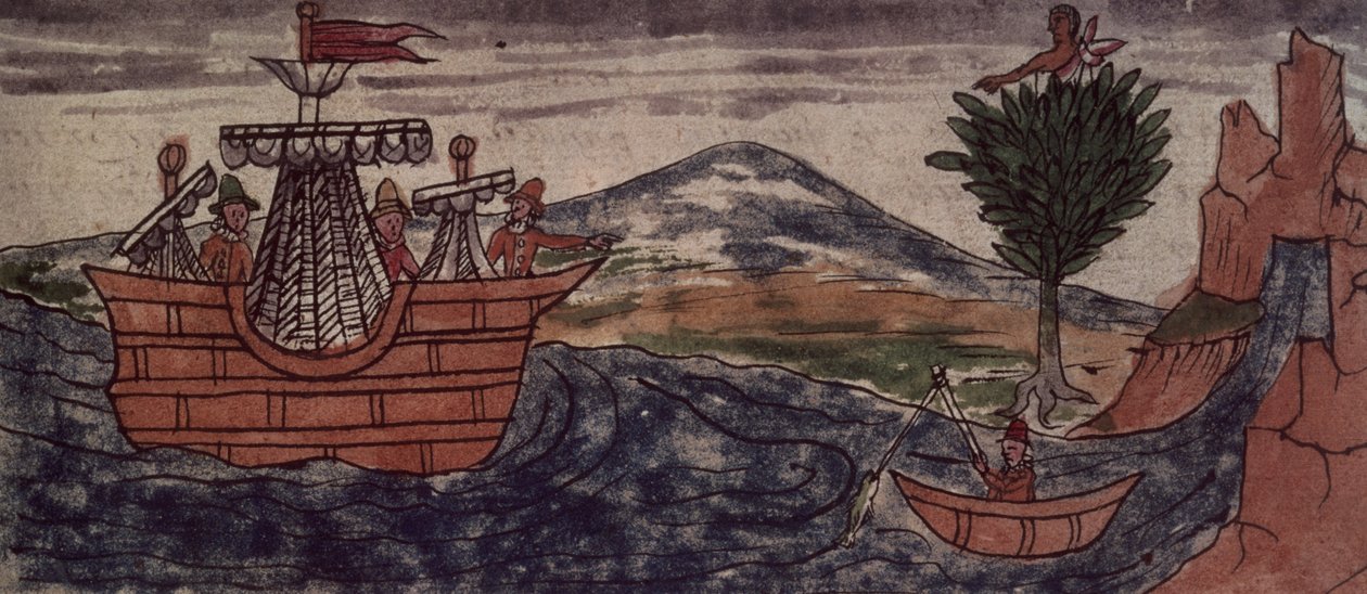 Fol.197vインドのスパイがメキシコ沿岸にスペイン船の到着を観察、1579 作： ディエゴ・デュラン