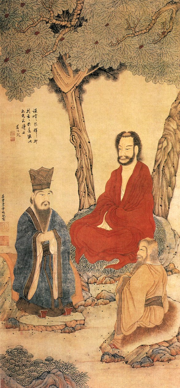 孔子とラオ・ツェウ、明朝（紙にインクと色） 作： ディン・ユンペン