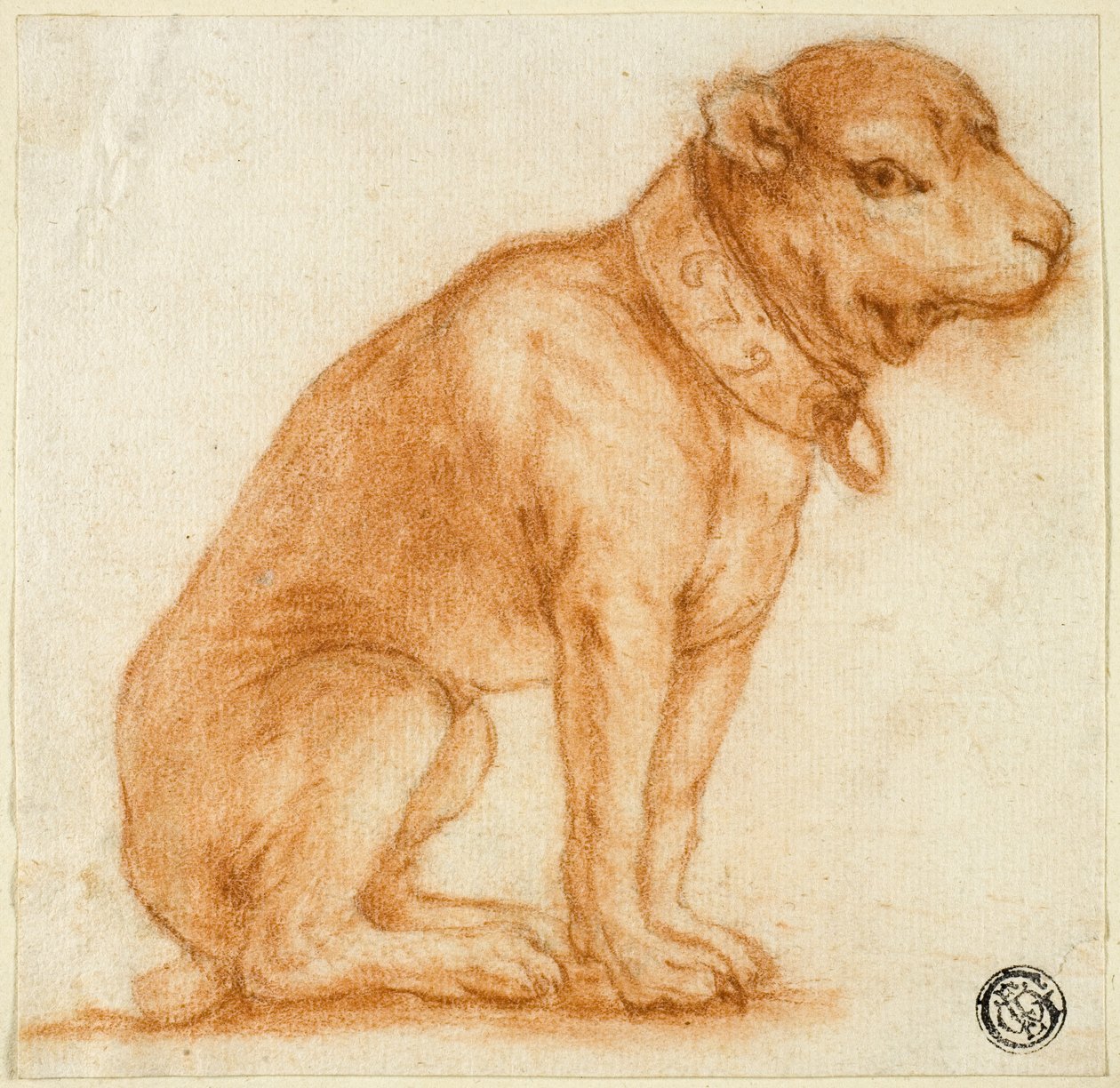 首輪をした座った犬 作： ダーク・フォルケンブルグ