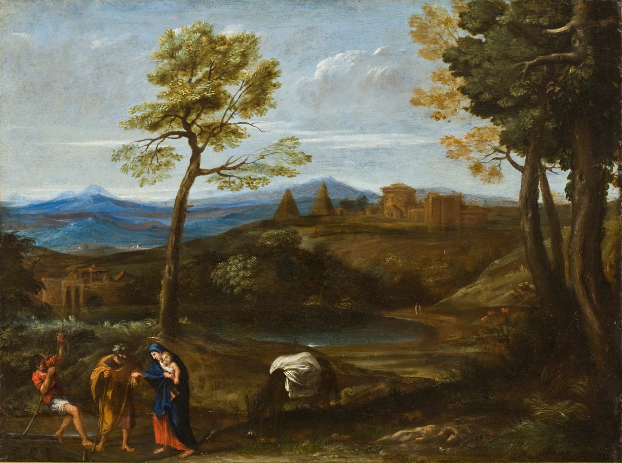 エジプトへの飛行のある風景、c.1605（銅に油彩） 作： ドメニキーノ