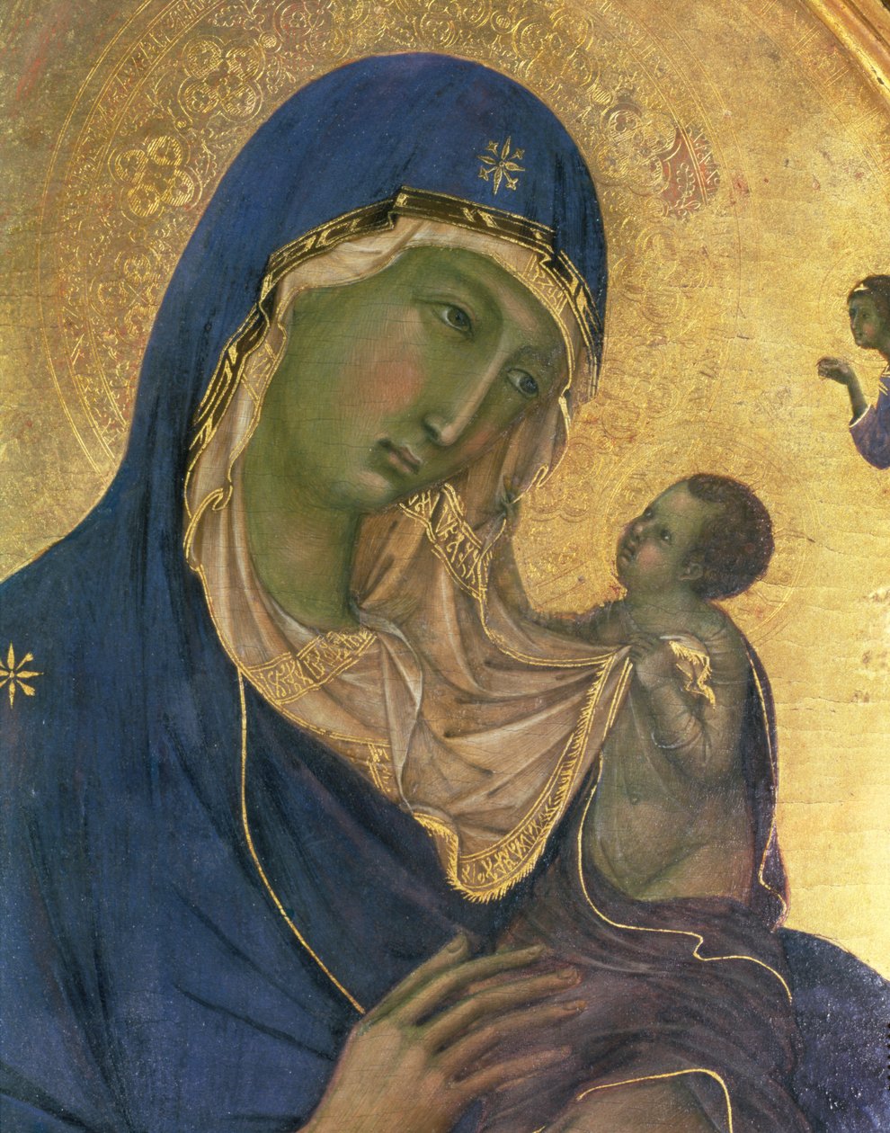 マドンナと子供とSS。ドミニクとアウレア、マドンナと子供の詳細、c.1315（パネル上のテンペラ）（28972の詳細） 作： ドゥッチョ ディ ブオニンセーニャ
