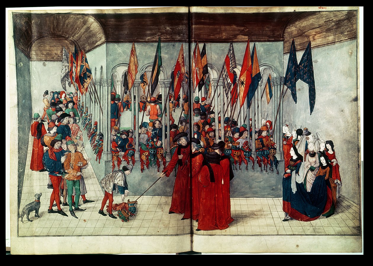 54998 bis Ms. fr。 2692 fol.47v-48r論文からのトーナメントの準備 作： アンジュー公とナポリ王レネまたはレナトゥス1世