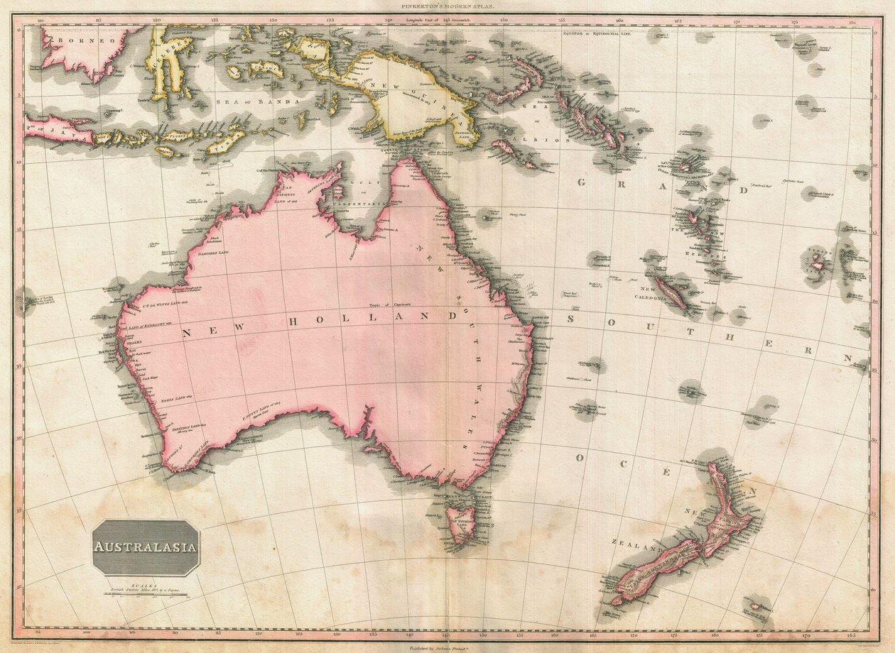 ジョンピンカートンのオーストラリアと南西太平洋の地図、1818年（カラー彫刻） 作： EJピンカートン