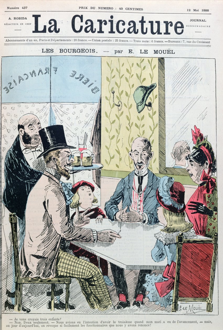1888年5月12日のLa Caricatureから、経済的な理由で2人の子供しかいなかったと説明するブルジョワ夫妻 作： E.ルムーエル