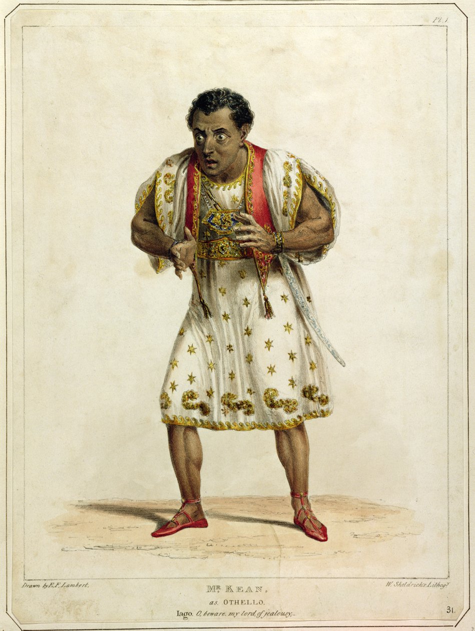 W.シェルドリックスによって彫刻されたオセロとしてのエドマンドキーン（1787-1833）の肖像（色付きのリソ） 作： EFランバート