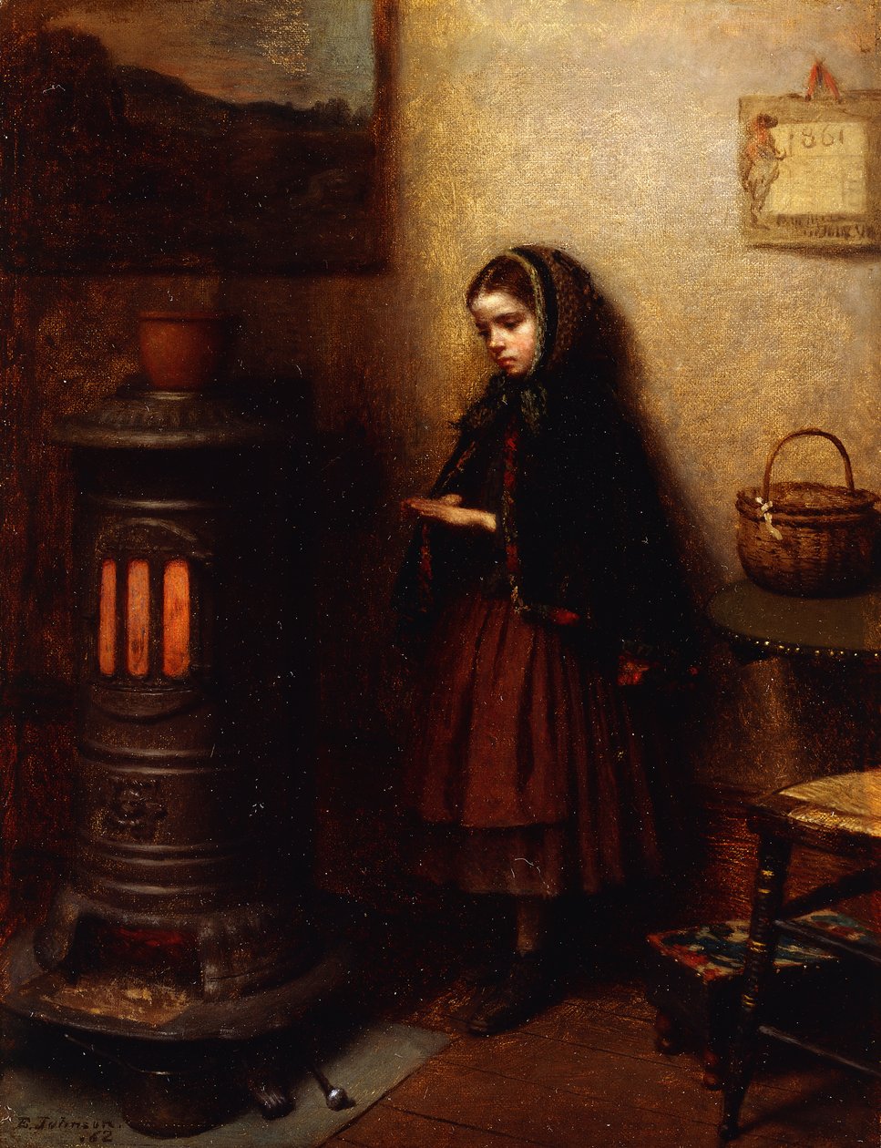 彼女の手を温める、1862 作： イーストマン・ジョンソン