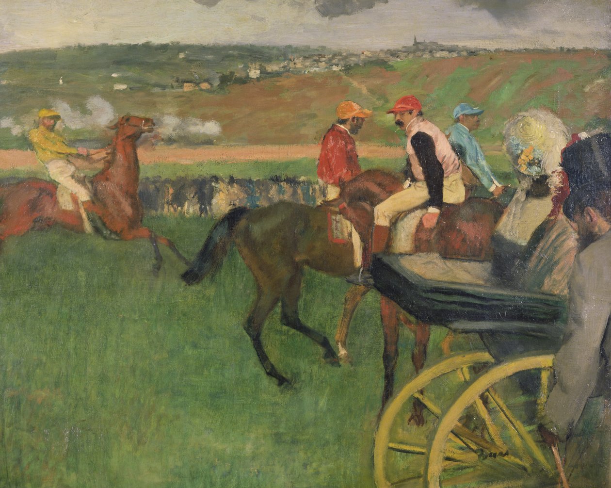レースコース-馬車の近くのアマチュアジョッキー、1876-87年 作： エドガー・ドガ