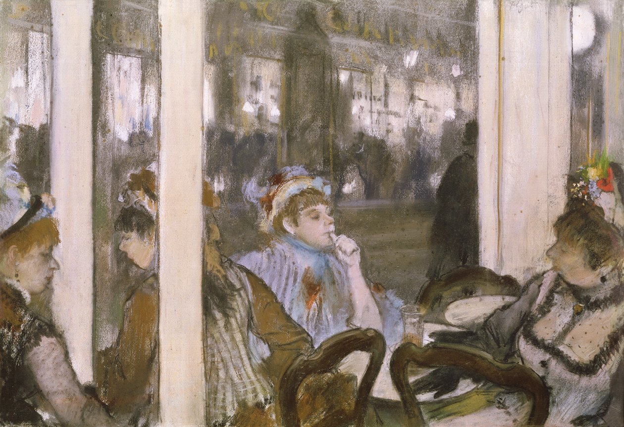 カフェテラスの女性たち、1877年（モノタイプにパステル） 作： エドガー・ドガ