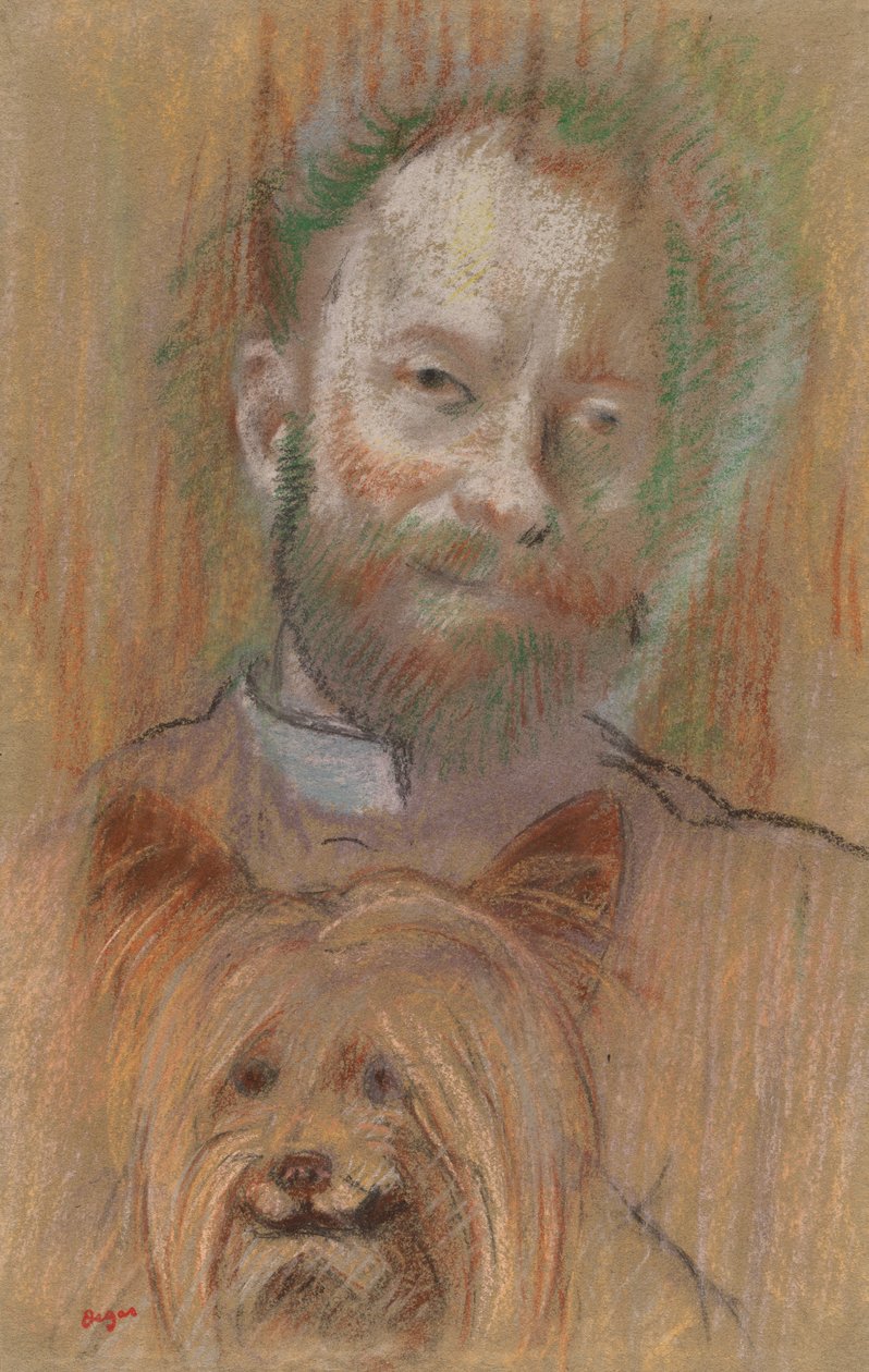 犬を抱いたルドビック・レピック、1889 作： エドガー・ドガ