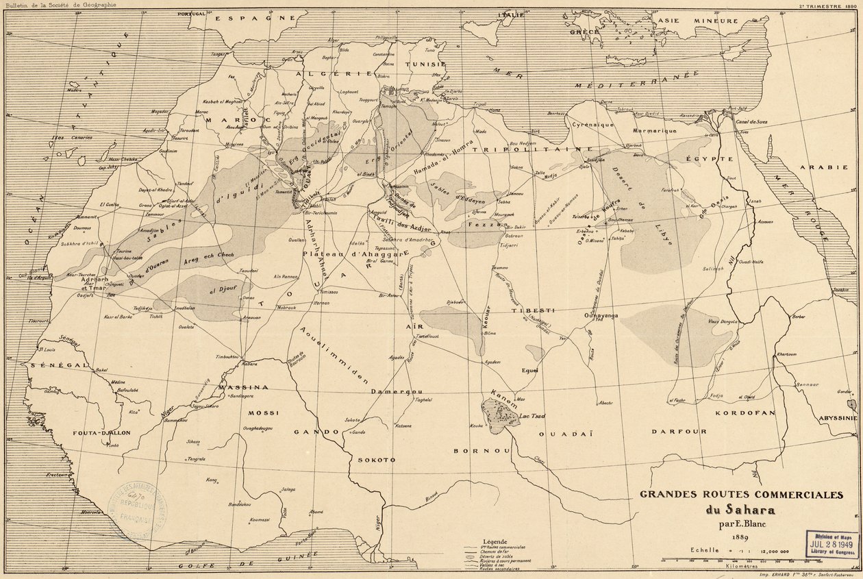 1889年のフランスの探検家エドゥアールブランによるサハラ以南の貿易ルートの地図 作： エドゥアール・ブラン