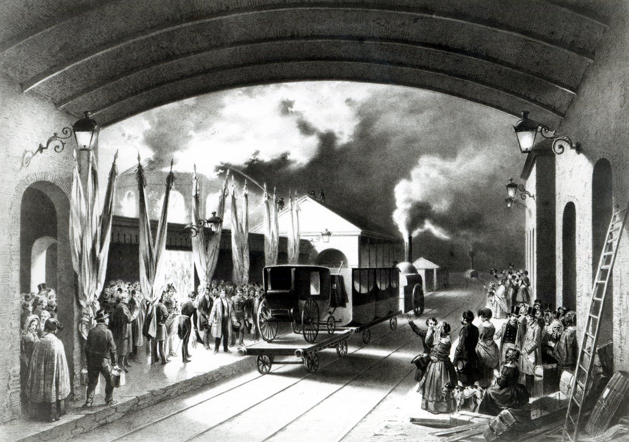 1844年、デプトフォードのニュークロス駅を出発するルイフィリップ王 作： エドゥアール・パングレ