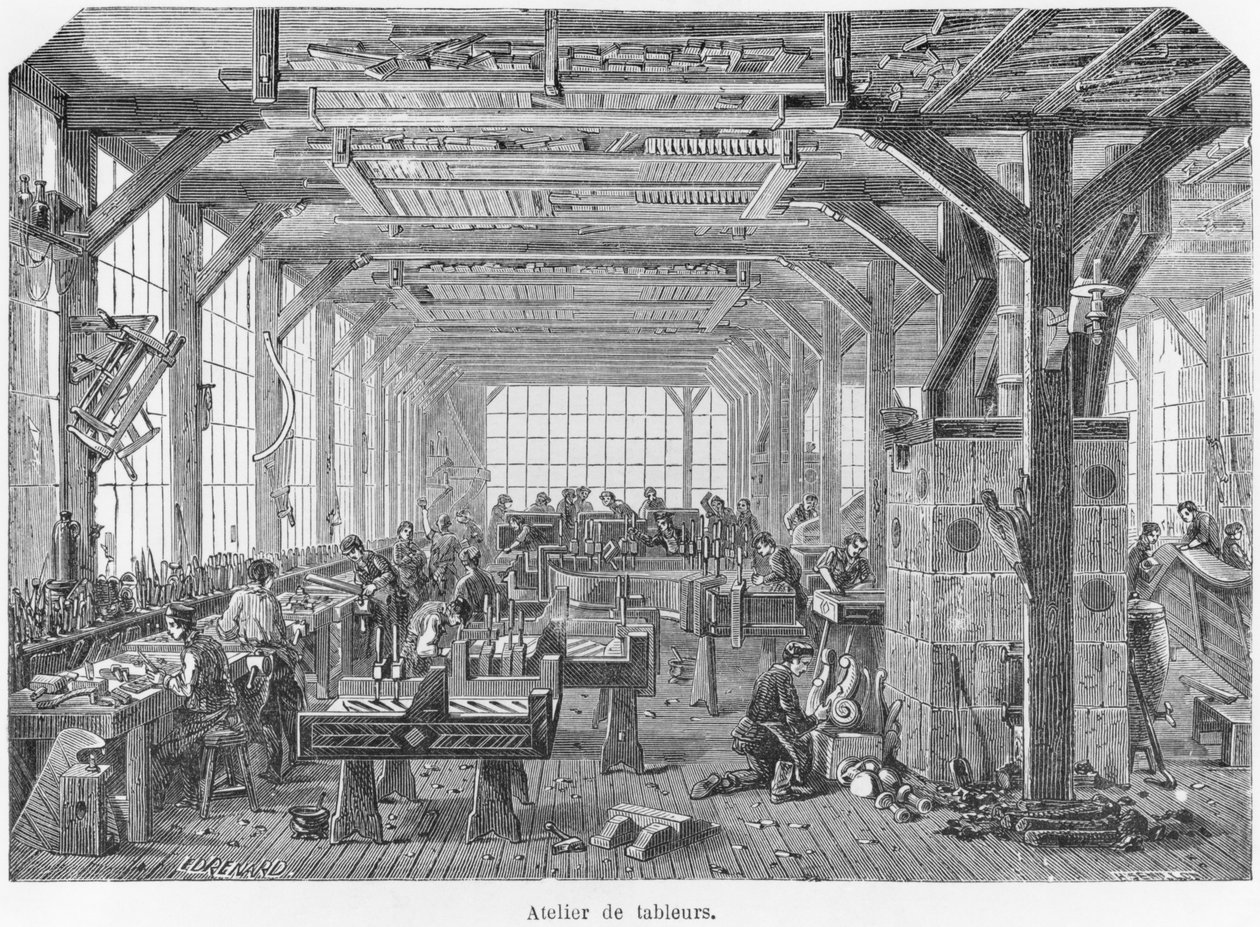 第2帝国時代のプレイエルピアノ製作者のワークショップ、ジュリアンターガンの「Les Grandes Usines」のイラスト、1880年頃 作： エドゥアール・レナード
