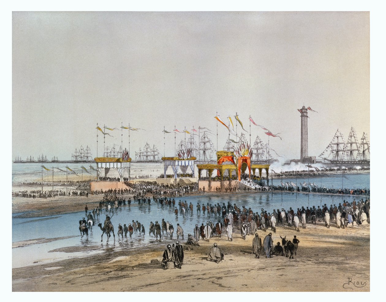 ジュールディディエ（1831-c.80）によって刻まれた、1869年の皇后エウジェニーによるスエズ運河の就任式のためのポートサイドの「テデウム」（オリジナルのwc 82990を参照） 作： Edouard Riou