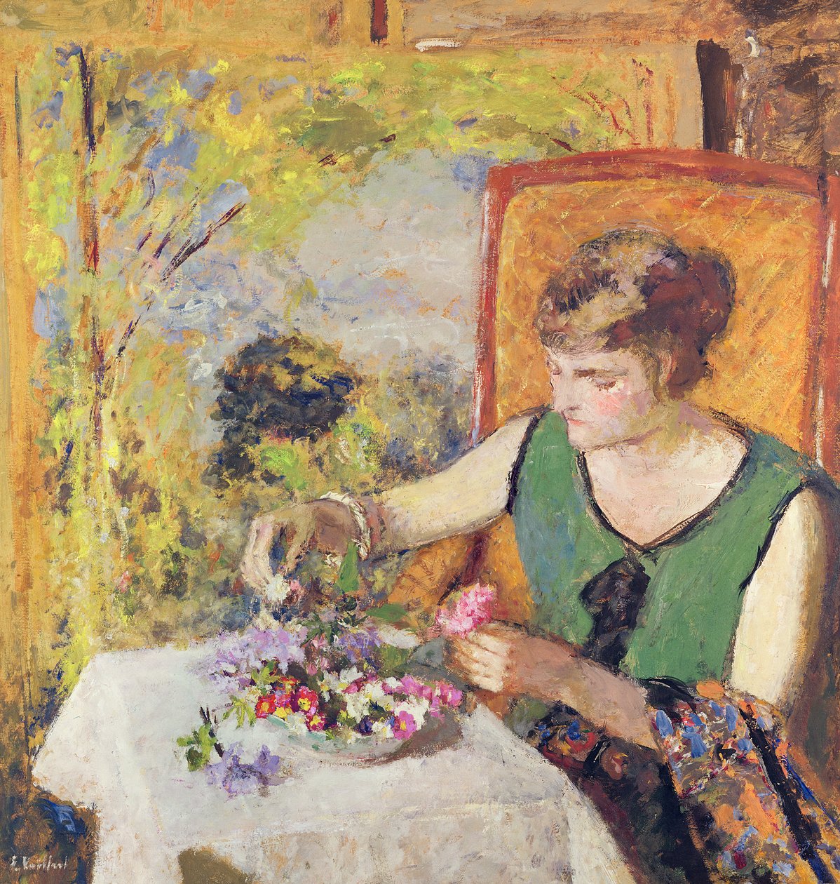 花の花束を持つ女性、1925 作： エドゥアール・ヴィラード