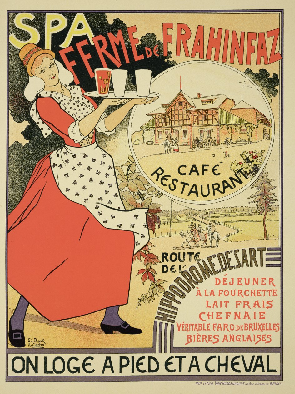 1896年、ベルギーのスパの近くにあるカフェアンドレストラン、フェルメデフラヒンファズの広告ポスター 作： アドルフ・ルイ・チャールズ・クレスピン