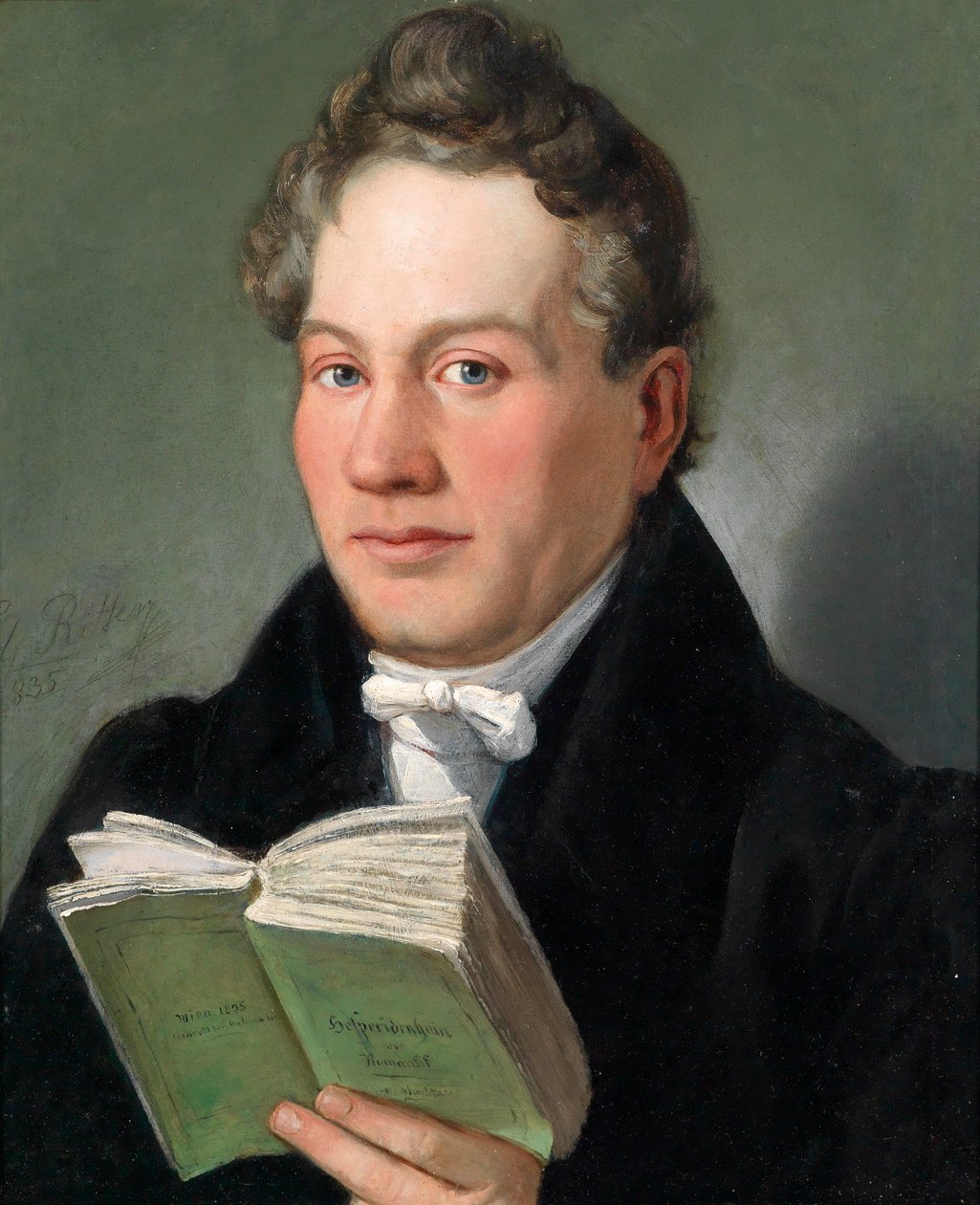 ウィーンの作家クリストフ・クフナー（1777–1846）と彼の本「ヘスペリデンハインデアロマンティック」の肖像 作： エデュアルド・リッター