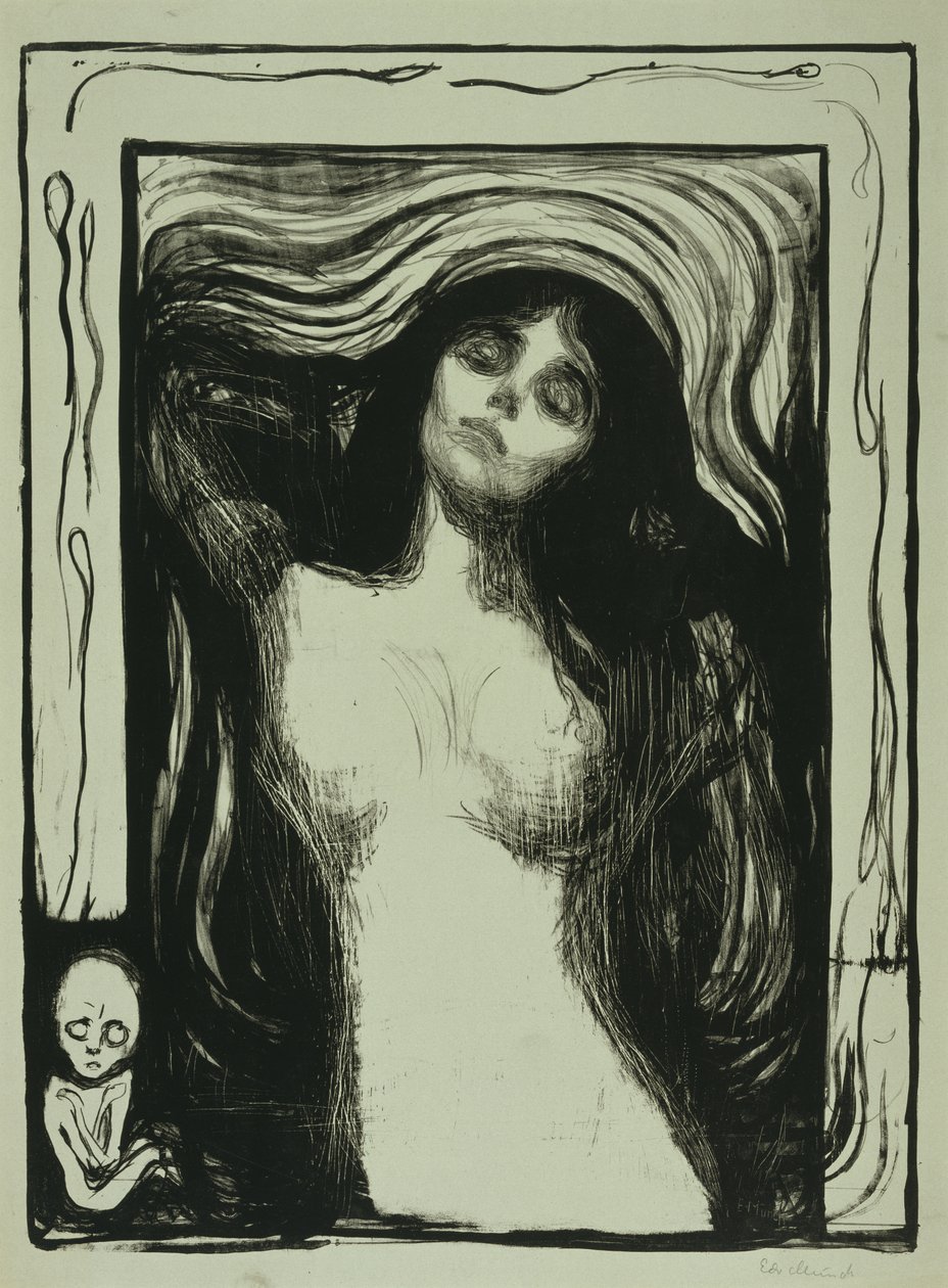 マドンナ、1895-1902年（灰緑色の紙にリト） 作： エドヴァルド・ムンク