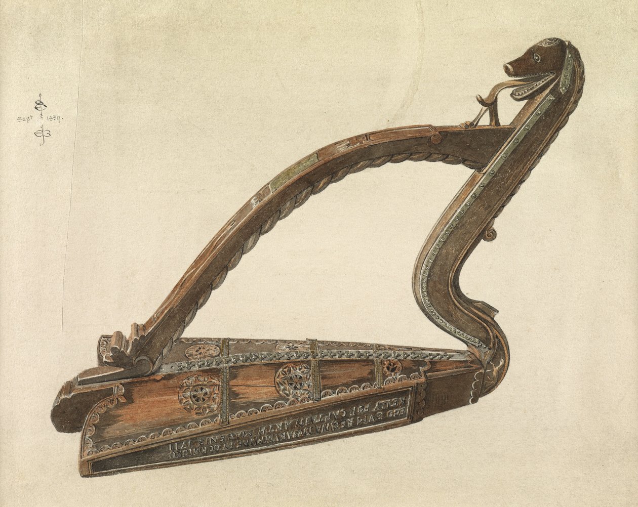 アイリッシュハープ、1889年（紙に鉛筆、ペン、インク、トイレ） 作： エドワード・バーン・ジョーンズ