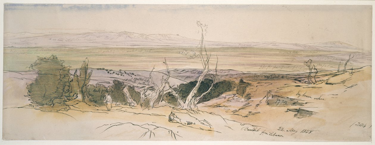 レバノンのバールベック、1858年（グラファイト表示のある水彩画とペンと黒インク） 作： エドワード・リア