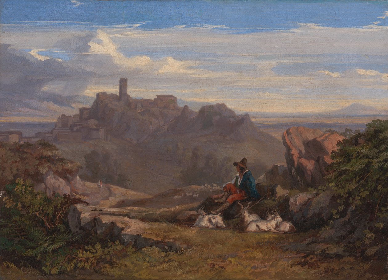 Goatherd のある風景、カリフォルニア州。 1842年。 作： エドワード・リア