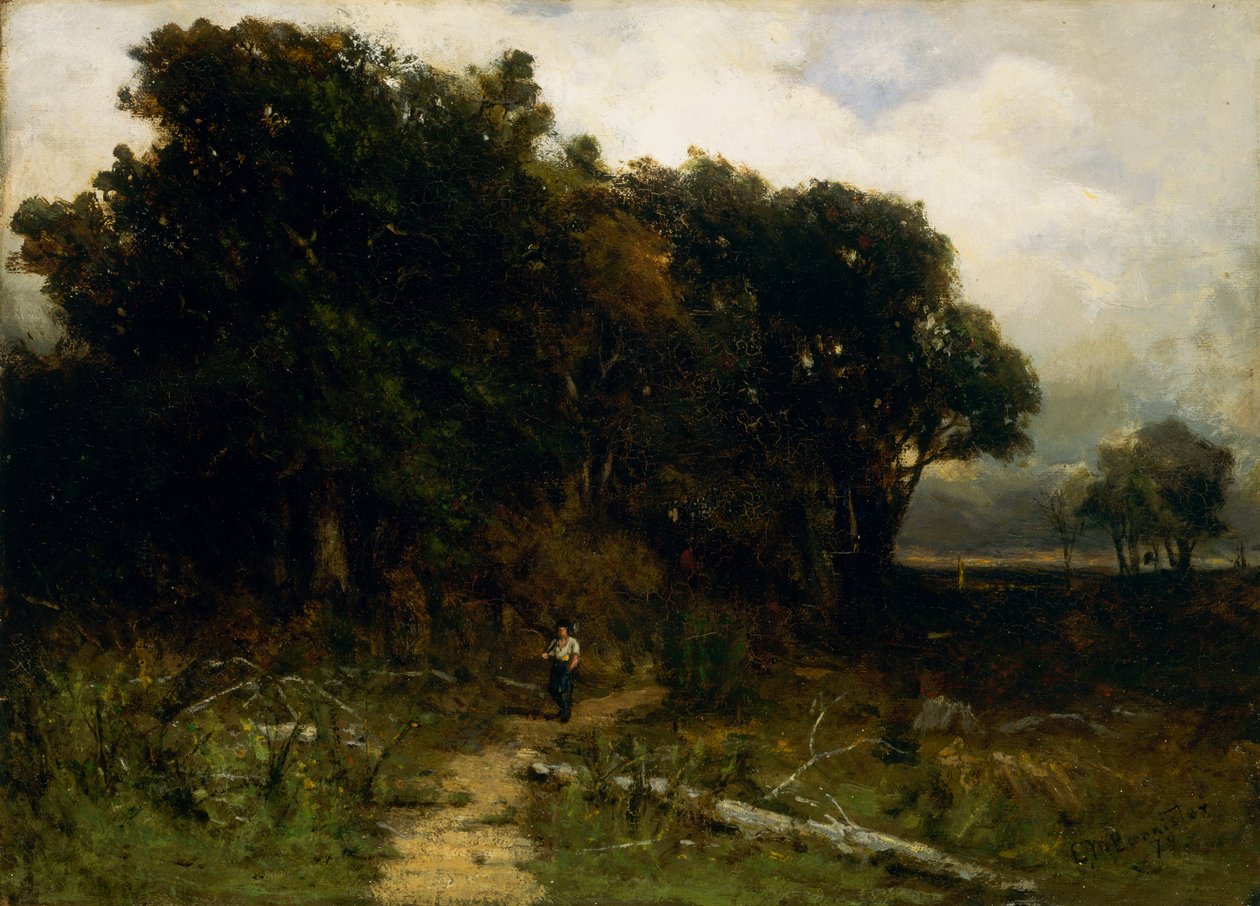 無題の風景、小道の木こり、1879 年。 作： エドワード・ミッチェル・バニスター