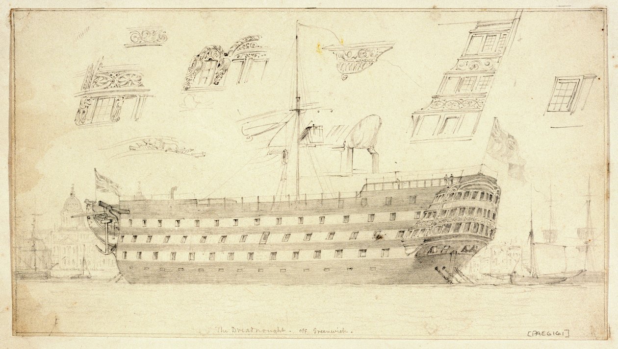 グリニッジ沖の「ドレッドノート」号、1830年頃（黒鉛画） 作： エドワード・ウィリアム・クック