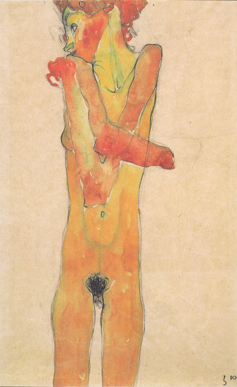 組んだ腕を持つ裸の女の子 作： エゴンシーレ