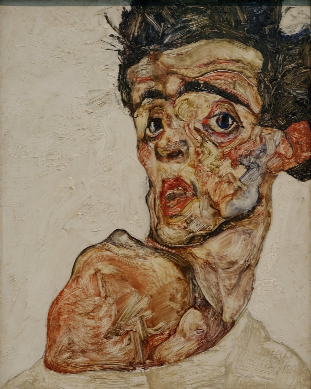 上げられた裸の肩を持つ自画像 作： エゴンシーレ