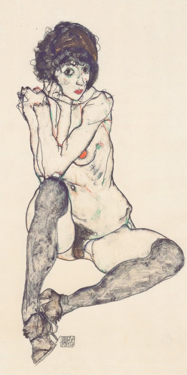 肘を立てて座っているヌード 作： エゴンシーレ