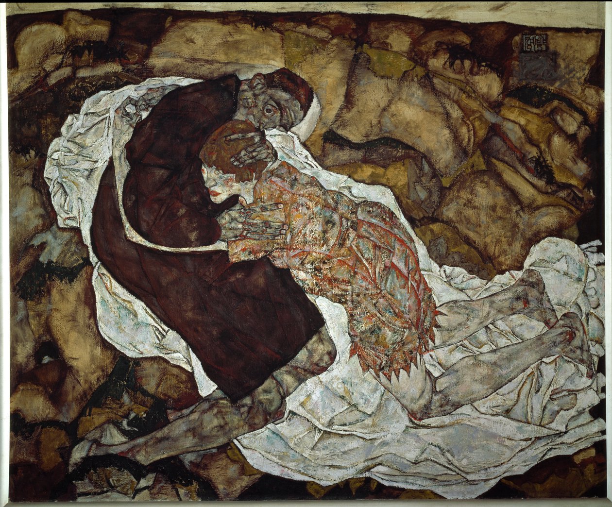 女性と死。エゴンシーレ（1890〜1918年）による絵画、1915年。キャンバスに油彩。薄暗い：150,5x180cm。ウィーン、Oesterreichische Galerie im Belvedere 作： エゴンシーレ