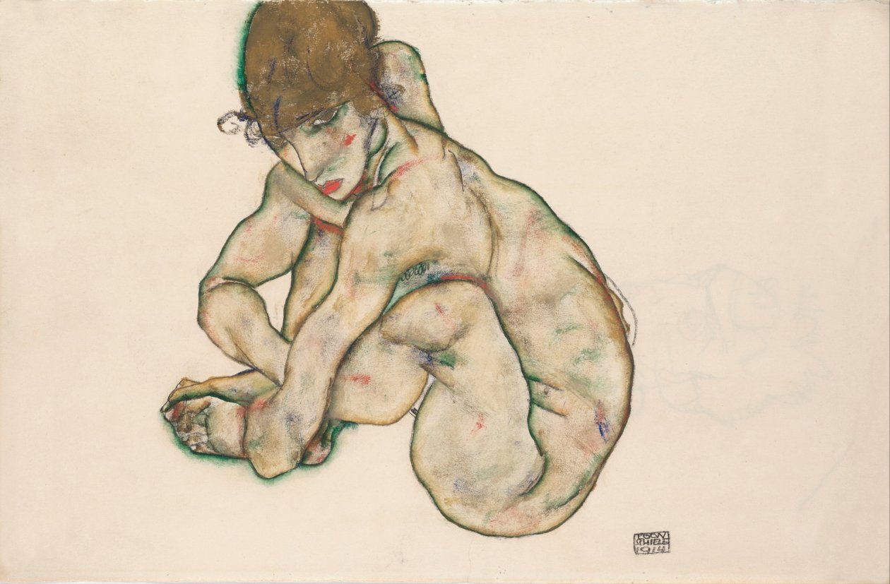 身をかがめるヌードの少女、1914 作： エゴンシーレ