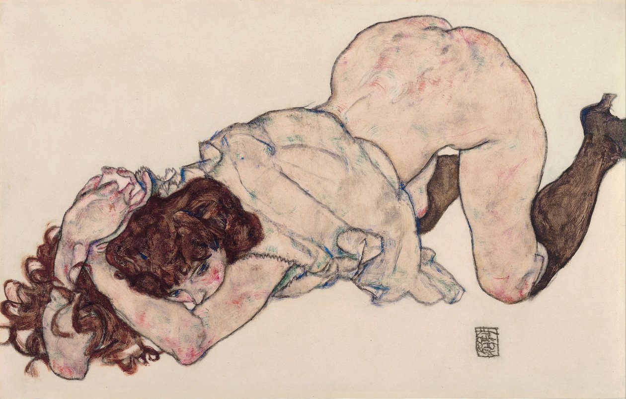 ひざまずく少女、両肘で休む、1917年 作： エゴンシーレ