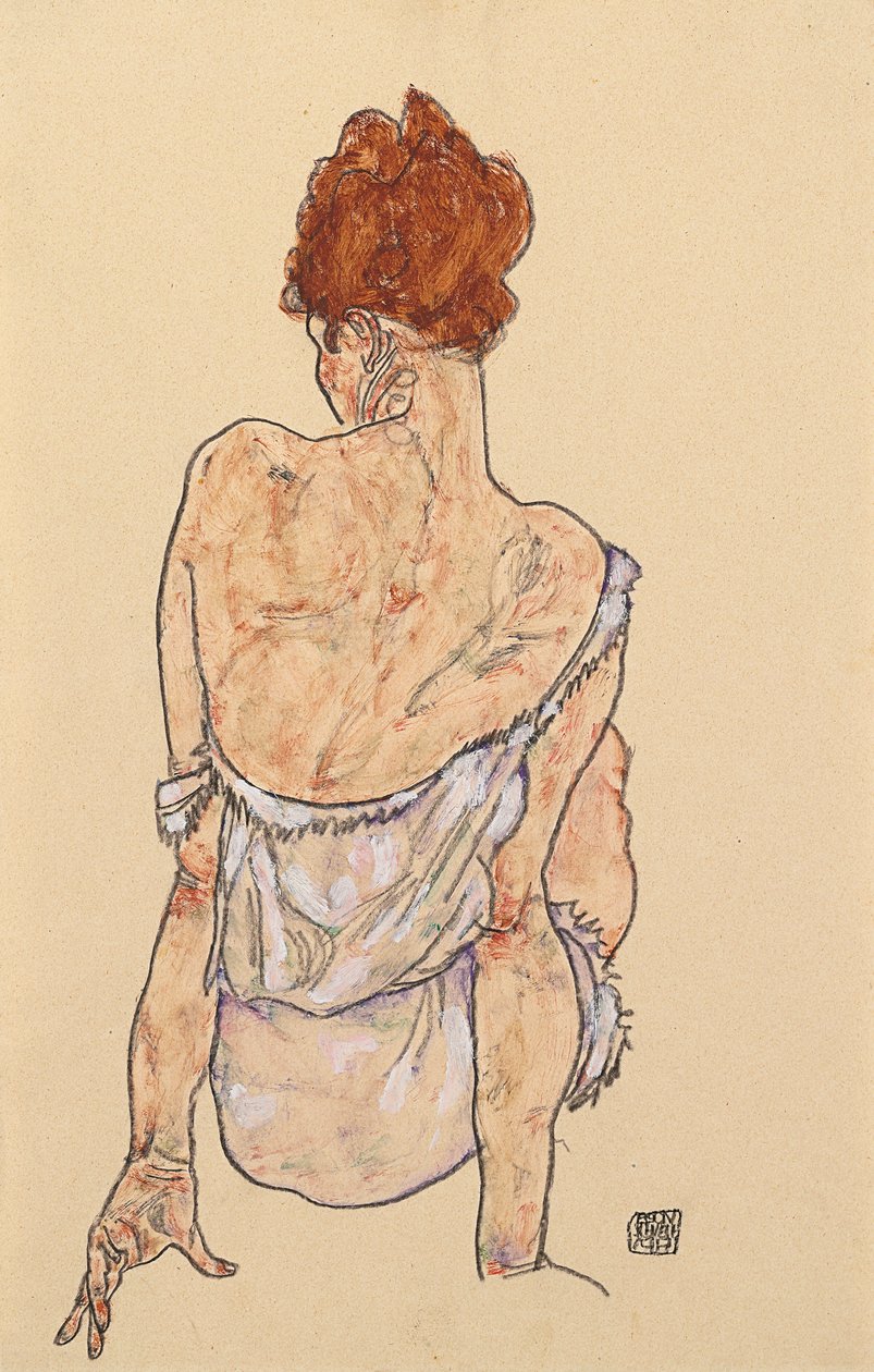 下着姿の女性、背面図、1917年 作： エゴンシーレ