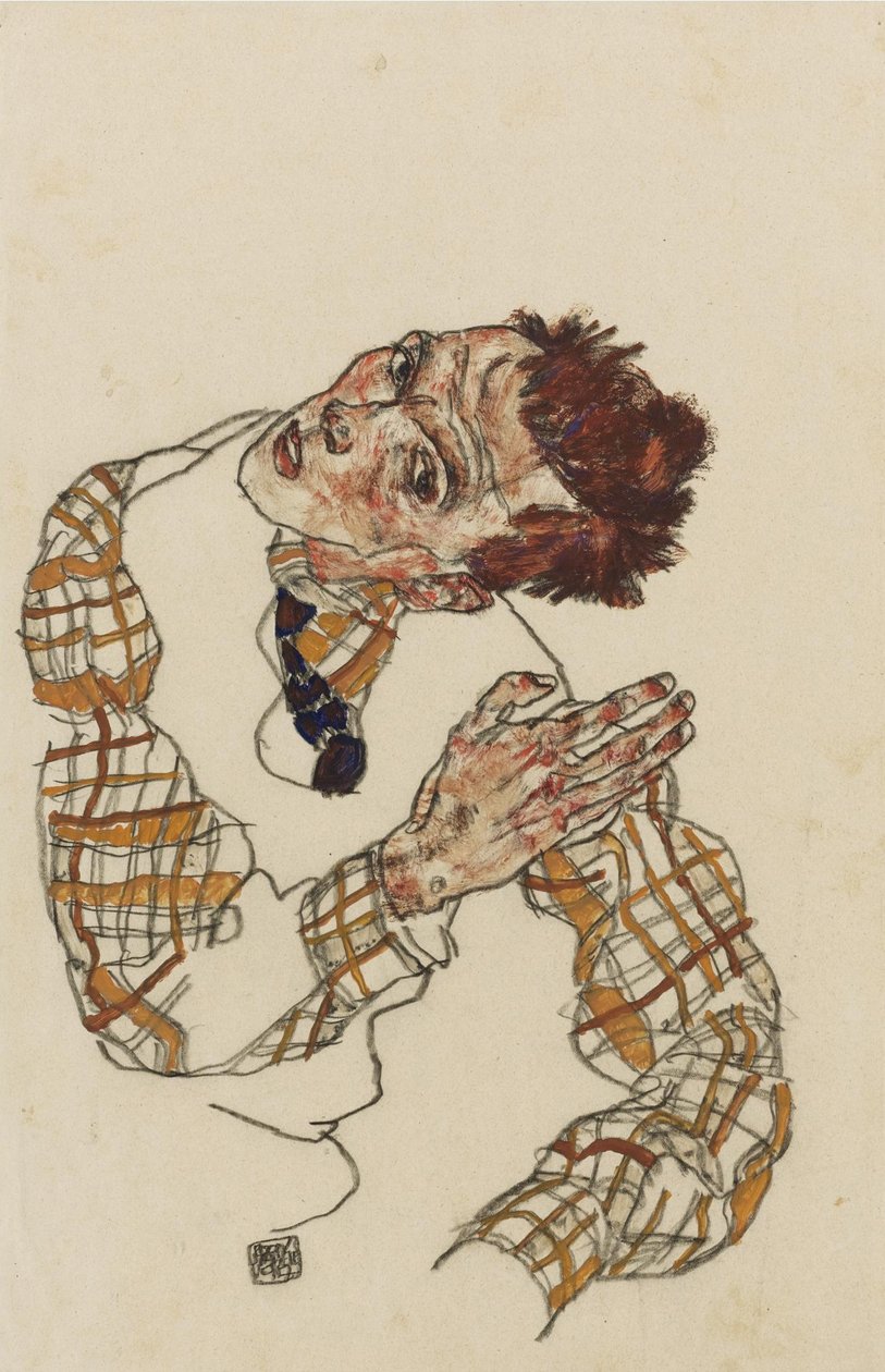 市松模様のシャツを着た自画像、1917年 作： エゴンシーレ