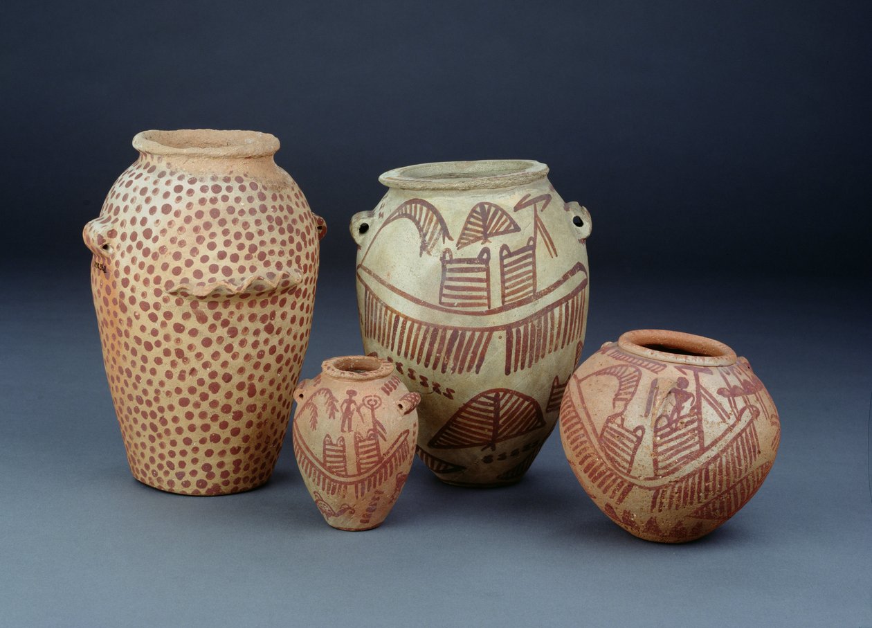 ナイル川、ナカダ川、アバダヤの風景が描かれた船、後期プレダイナスティック（陶器） 作： エジプト人