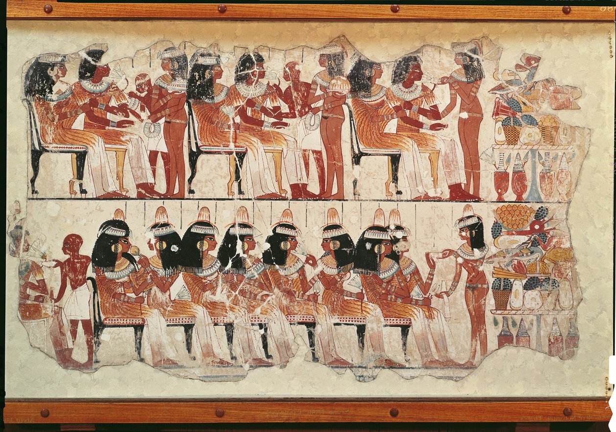 宴会シーン、テーベ、紀元前1400年頃（壁画） 作： エジプト第18王朝