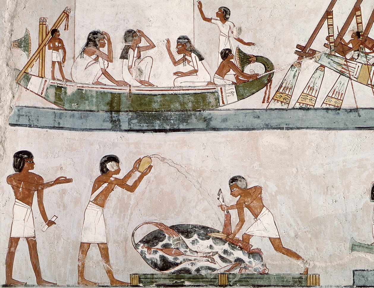 新しい王国のメナの墓からの雄牛と帆走の儀式の犠牲と浄化（壁画） 作： エジプト第18王朝