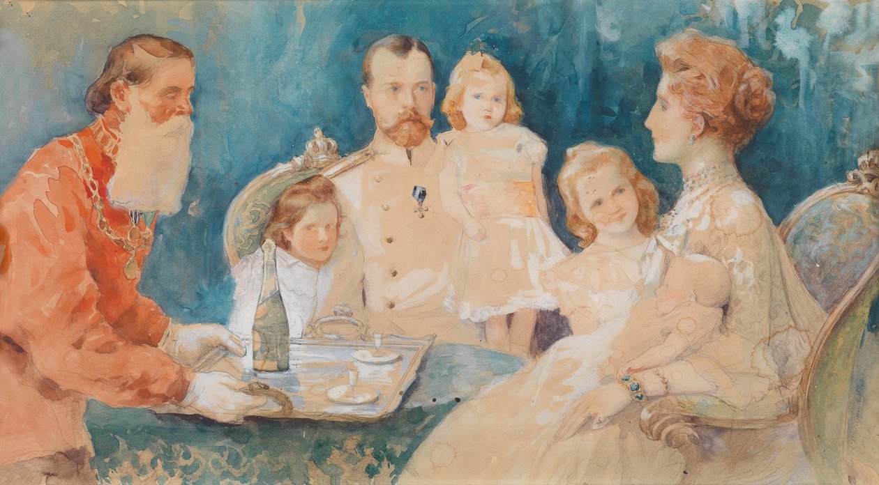 Tsar Nikolai IIとTsarina Alexandra Fjordorovnaと娘のオルガ、タチアナ、マリア、アナスタシア（赤ちゃんとして） 作： エレナ・サモキッチ・ソドコフスカヤ