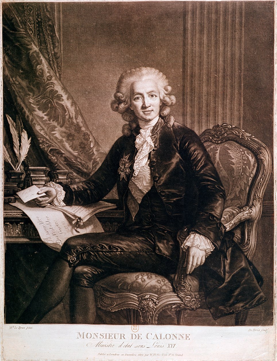 チャールズアレクサンドルデカロンヌ（1734-1802）ルイ16世の財政の総支配人（1754-93）はde Breaによって彫刻されました 作： Elisabeth Louise Vigee Lebrun