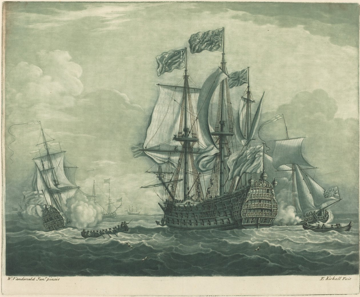 1720 年代のマン・オブ・ウォーとの出荷シーン。 作： エリシャ・カーコール