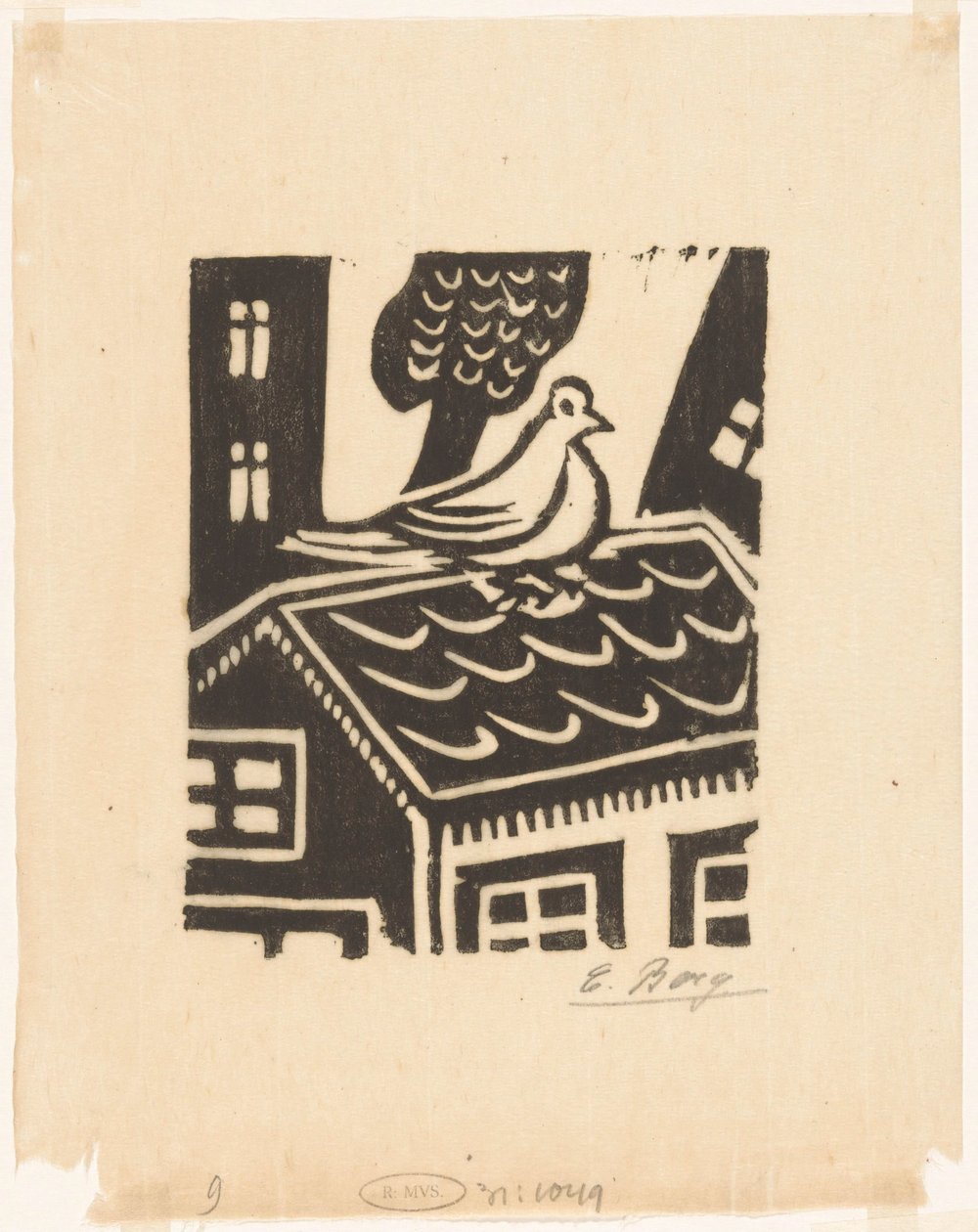 屋根の上の鳩 作： エルゼ・ベルク（アーティストによる署名）