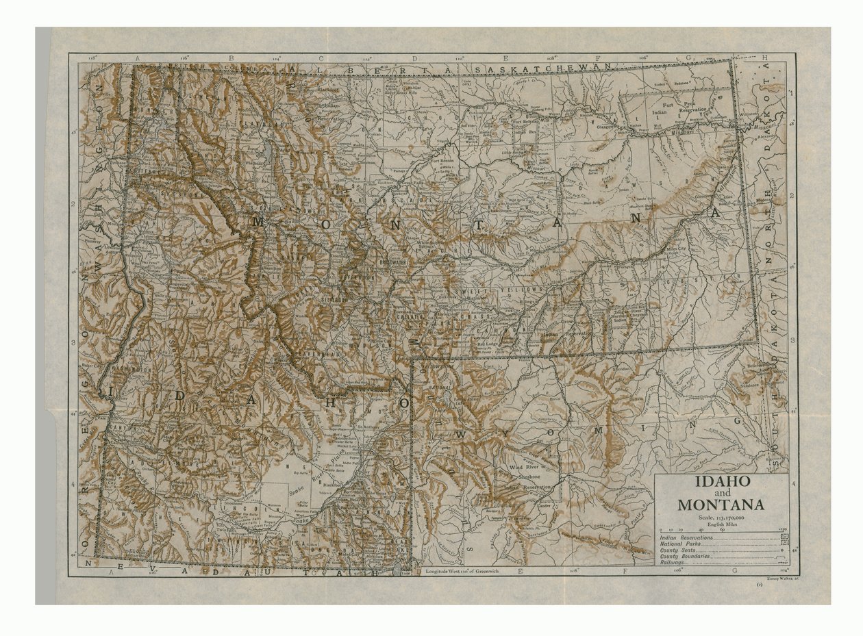 アイダホ州とモンタナ州、アメリカ合衆国、c1910年代の地図。 作： エメリー・ウォーカー