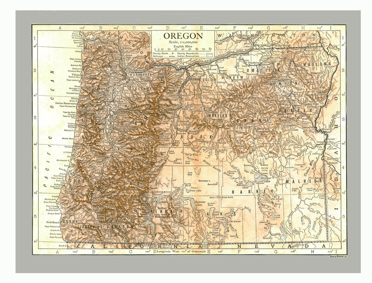 オレゴン州の地図、c1910。 作： エメリー・ウォーカー