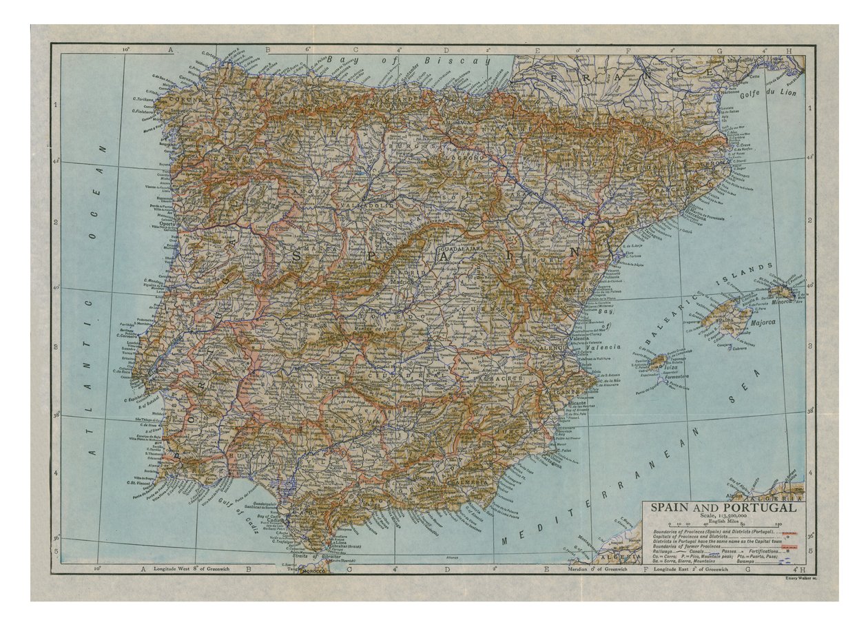 スペインとポルトガルの地図、c1910。 作： エメリー・ウォーカー